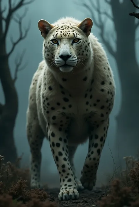 Create a hybrid creature that merges the predatory features of a jaguar with the softer characteristics of a sheep.

The body should combine elements of both animals—perhaps the creature has the sleek, muscular frame of a jaguar, with spotted fur, but also...