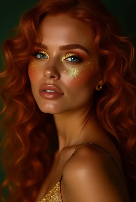 Brazilian woman, long and curly red hair, blue eyes, thick lips, sharp face, makeup in golden tones, shadows around the eyes in orange colors, golden lipstick and shiny like gold, tanned skin like bronze and with sparkles, apple face with a golden blush wi...