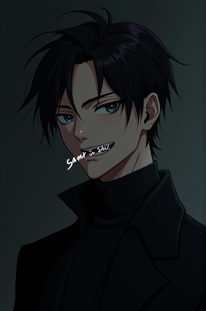 Photo of a teenage anime man in black clothes with his name coming out of his mouth signs up 