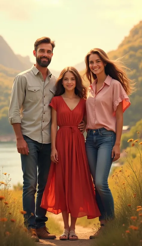 A beautiful teenage girl in a red dress with her older sister in jeans and a pink blouse with her father and mother in a beautiful place 
