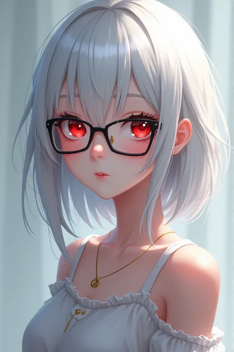 Anime girl with white hair and red eyes wearing glasses