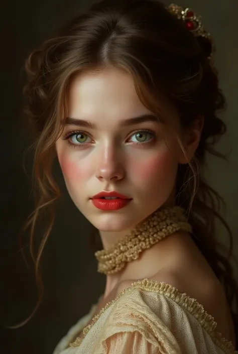 (best quality,4k,8k,high resolution,masterpiece:1.2),ultra-detailed,(realistic painting,photorealistic,photorealistic:1.37),In the portrait of this charming Polish woman with full red lips, from the high society of the Georgian era, every brush stroke capt...