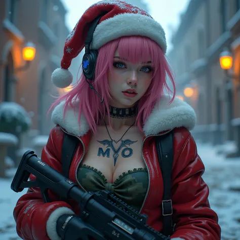           サイバーパンクDraculaガール      ,(1 female),mercenary、  Double teeth出てる、            Cyberpunk Submachine Gun         、  headset、         camouflage suit、
                   UNIT LOGO  、 Mayo Logo Santa Claus Outfit 
                 、      Letter MAYO Att...