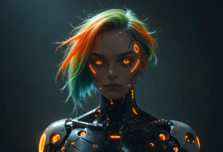 Biopunk-inspired cyborg woman 。 extremely colored bionic cyborg。fluorescent orange fiber optic hair,