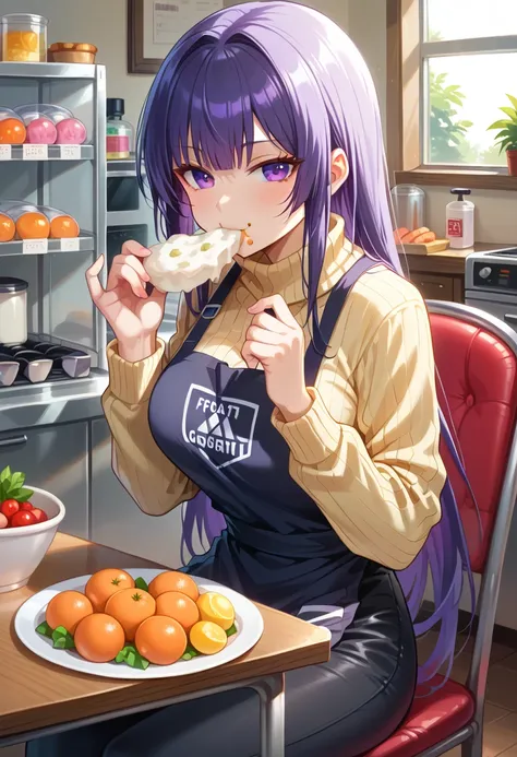 (masterpiece),(best quality),(ultra-detailed), (illustration), (an extremely delicate and beautiful),nsfw BREAK 1 girl,solo,(eating onigiri:1.4),(riceball:1.4),sitting on chair BREAK1 girl,solo,violet long hair,partial bangs hair,purple eyes,medium small b...