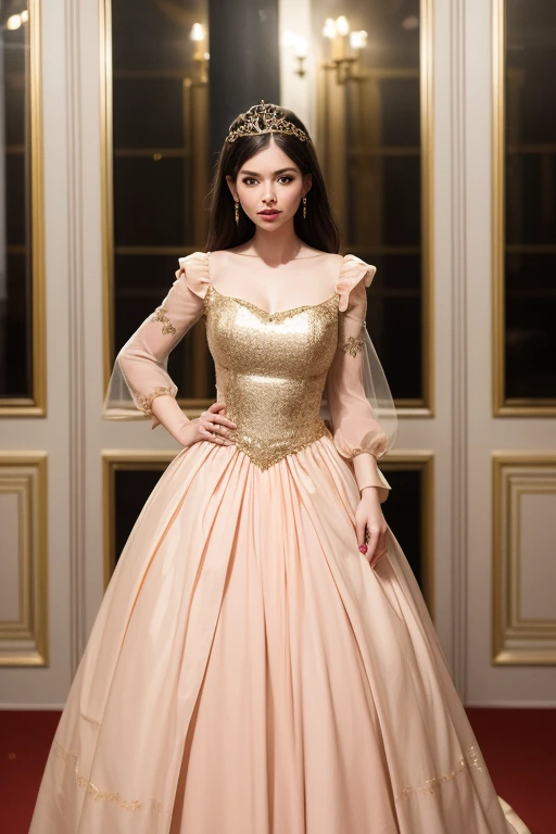 Peach silk fairytale princess gown with slightly puffed sleeves and gold embroidery down full ruffled skirt.