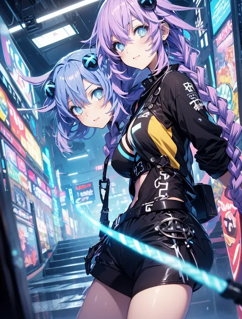 Masterpiece picture quality，Rainbow，Urban girl，ssmile，number art，style of anime，Retro anime girl，Punk girl，in an anime style，dual horsetail，Trendy，neonlight，depth of fields, perfil lateral, adorable, ropa casual