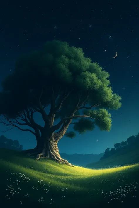 A meadow under a banyan tree in the middle of a peaceful and silent night with a sky full of stars and galaxies and a meteor shower with a light blowing wind and falling leaves