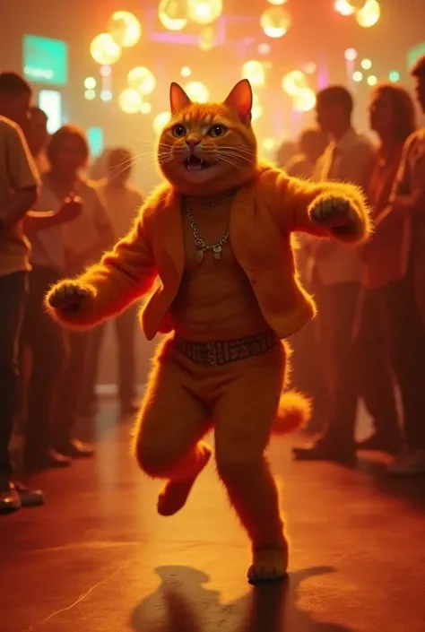 Wide angle shot, camera move right, dynamic motion, an energetic yellow cat in vibrant 80s attire dances passionately in a disco, reminiscent of John Travoltas iconic moves. The scene glimmers with vivid colors, pulsating lights, and a lively rhythm. Cinem...