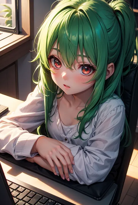 Innocent little green-haired red-eyed girl typing on a computer