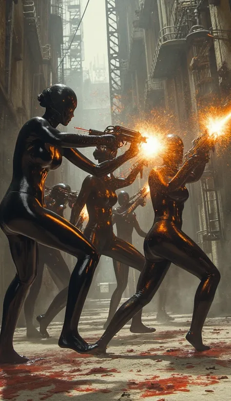 Five women in full rubber suits, carrying a laser gun, were firing guns at each other, were shot in the abdomen, bleeding breasts. 