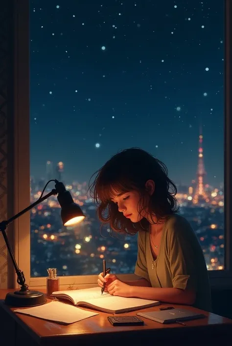 Create a book cover featuring a frizzy haired, cute 20-year-old ,  who is writing in a window overlooking the city on a beautiful night