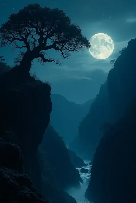 On the edge of the cliff below the banyan tree in the dark midnight surrounded by mountains and waterfalls with the night sky and the moon 