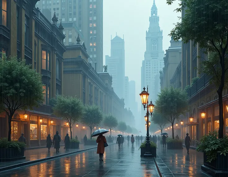 Rainy weather in a beautiful city landscape