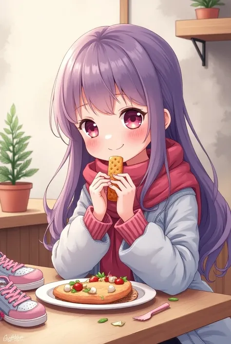 Manga cartoon   A Girl  skin white smile , long   hair colour  purple - pink   gradient , wear outfits  Winter wear  and  sneaker colour light purple and  pink eating  foods in restaurant   backdrop  wall  , manga water colour  cartoon style  .