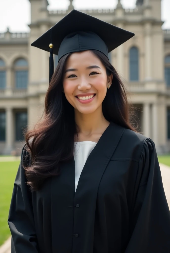  Create a picture of a 30-year-old Chinese woman with thick black over-shoulder-over hair.  She should graduate in law and wear the appropriate clothes . She stands in front of the same university wearing a graduation hat and smiles  