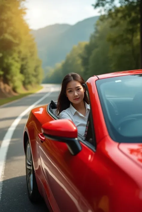 Girl driving car for advertising driving school with red car 