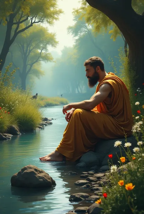 Thales of Miletus is next to a river,  Surrounded by plants and animals . We see him reflecting ,  while the water flows .