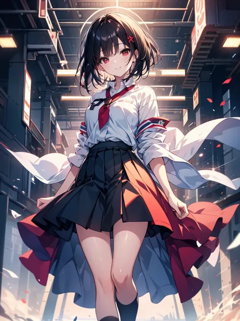 masterpiece, highest quality, highest quality, (no text), Beautiful and aesthetic:1.2),no text,anime、break,anime、break、 one girl、 Dark Haired Girl Short Hair 　 Slit Eyes Boyish 　adult　 beautiful eyes　red eyes, cool smile　skirt　 uniform full body outdoor