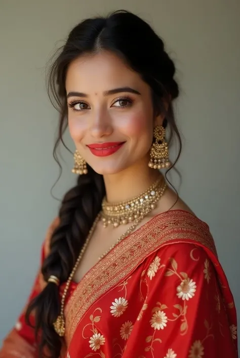 Cute real women smiling face red lipstick lep whith panjabi drees suite for patyala choti