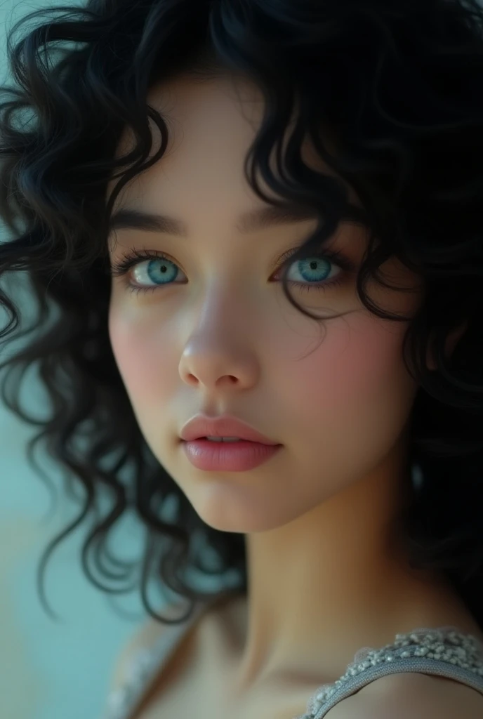  incredibly beautiful girl with black thick curly hair, close up, blue eyes glow 