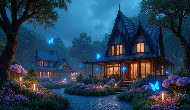 Theoretical decoration of an ancient beautiful garden at night, with high trees, colorful flowers, rare flowers, two floors modern houses in dark gothic style, luminous blue butterflies, cinematic light, beautiful, high resolution, semi-realism, panoramic ...