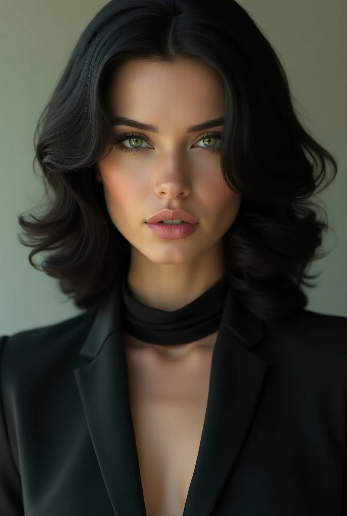 Black-haired American woman,  green-eyed, white pele, Regardless she is wearing a formal outfit. realistic 