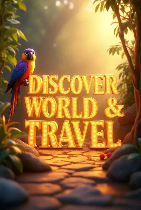  letters discover world travel with a small parrot in a corner that has the colors purple and yellow in its feathers, Let the background of the image be soft and the golden letters , Let the letters say DISCOVER WORLD TRAVEL 