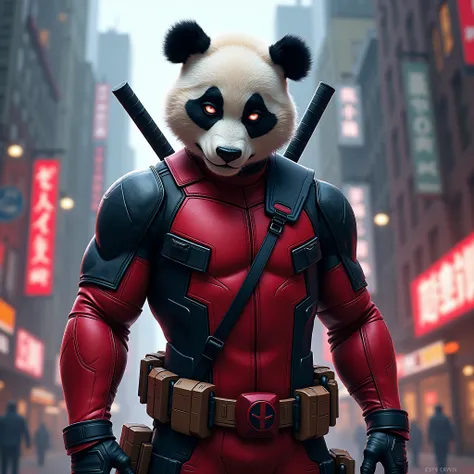 generates an image of a panda in a deadpool suit 