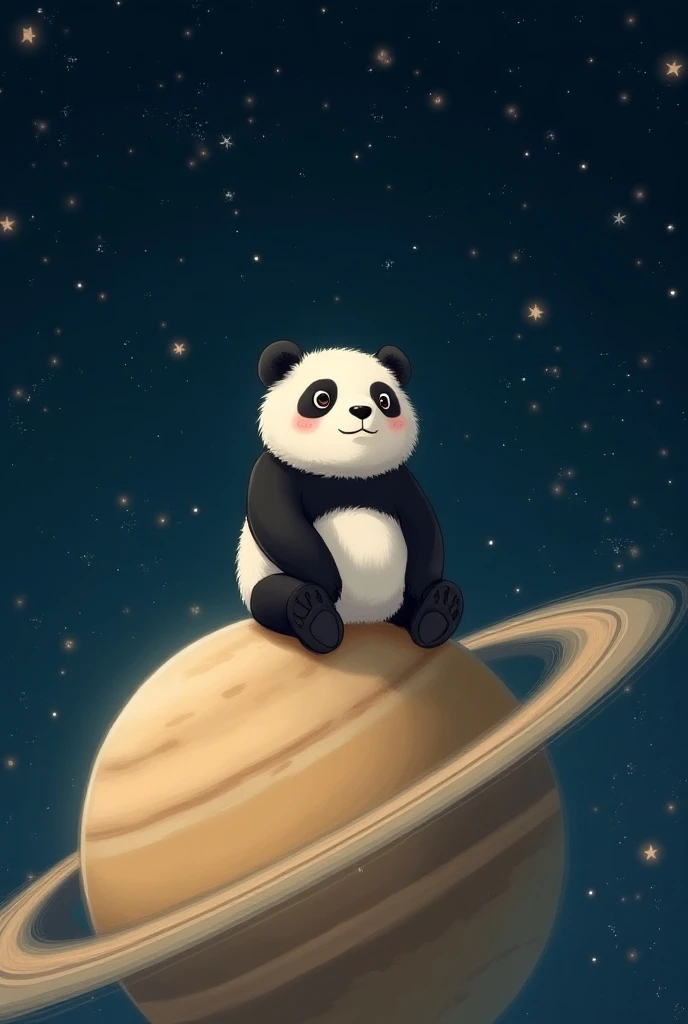 Panda sitting on the Saturn at night and have many star around Ghibli style drawing 