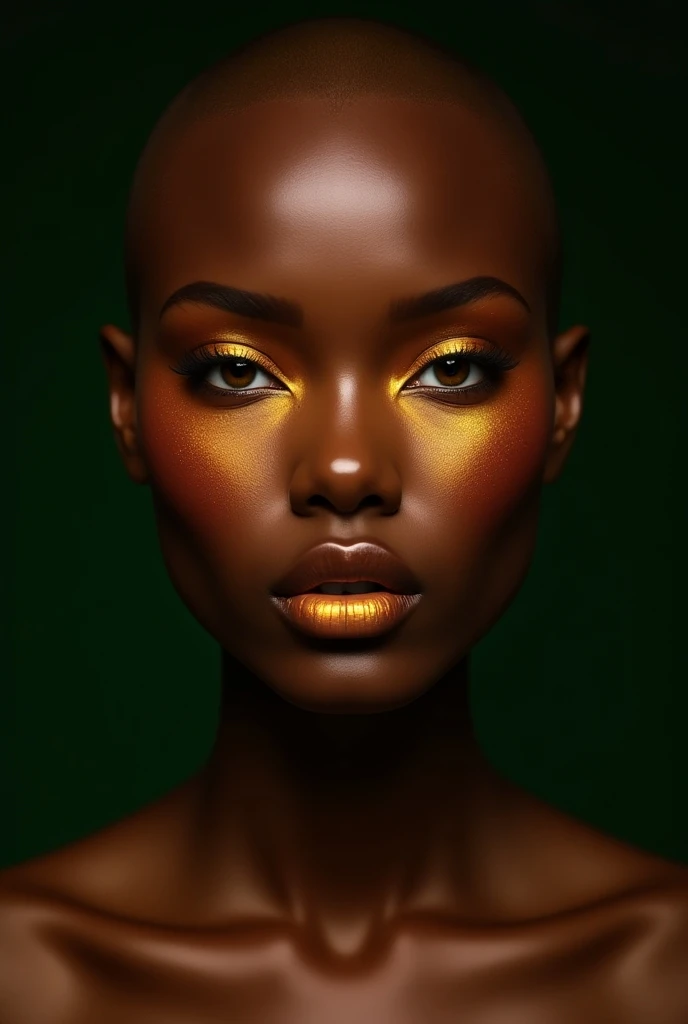 Brazilian woman, black, bald, honey brown eyes, thick lips, striking face, makeup in golden tones, shadows around the eyes in orange tones, golden lipstick and shiny like gold, skin tanned like bronze and with sparkles, apple face with a golden blush with ...