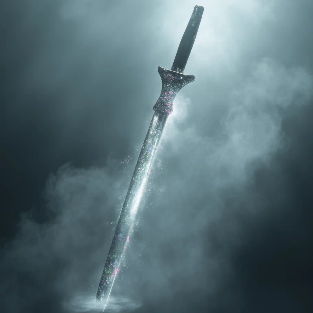 Katana enveloped in a Mystic Fog Enchantment, with magical particles and wisps of mist swirling gracefully. Employ soft and shimmering to enhance the sense of mystery