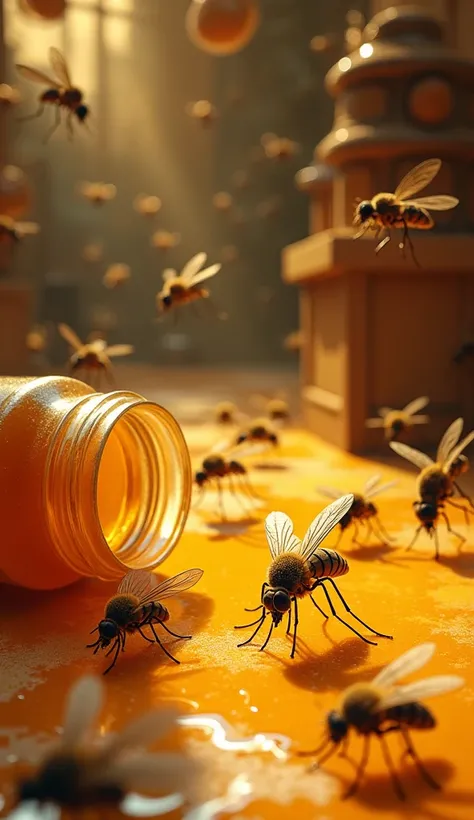 Honey dropped on floor with broken jar and mosquitos stuck  on top of honey  and mosquitos flying fast with honey on them in a honey shop and more mosquitos coming alot of