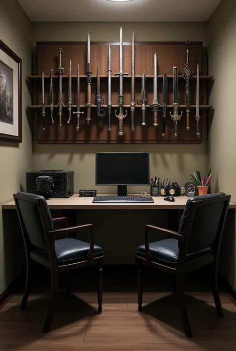 A room with a desk and a wall-mounted shelf displaying various weapons. In front of the shelf, theres a desk with a computer on it, and two chairs facing each other in front of the desk