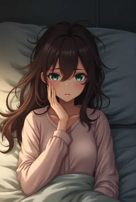 Beautiful 20 year old girl .  is lying on the bed.  Brown hair and green eyes.  dressed in pajamas. irritated. Anime style.