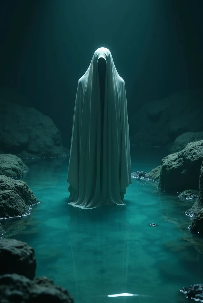 "A gloomy and terrifying scene where a dead person wrapped in a shroud is standing in a grave filled with water. The grave is clean and filled with water, which is dousing it till the grave. The atmosphere is dark and silent, and the peaceful face of the p...