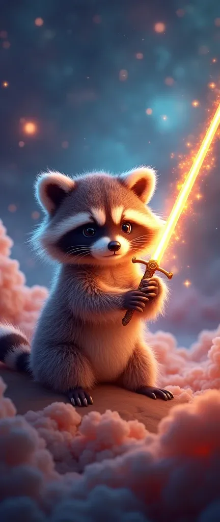 A photo of an extra fluffy baby raccoon with a celestial background. The raccoon is holding a celestial scene with a bright, fiery streak of light piercing through a vast expanse of turbulent, colorful nebula cloud-like formations. The light column has a s...