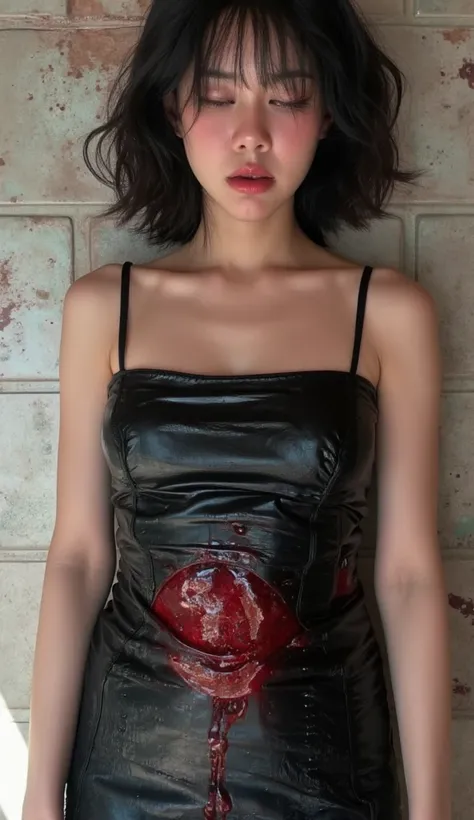 An Asian woman wearing a black latex dress, sleeping her eyes on a tile, with a gunshot wound on the dress, on her small stomach, the dress was broken into small holes, bleeding on the blood-stained wound on the dress, making a crying face.