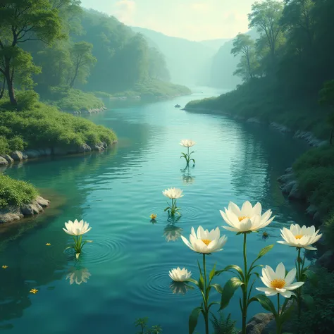  A big river in the middle of the green forest, like the sea, a river designed with flowers white hands in water