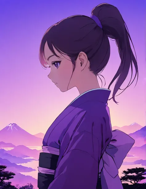  ponytail wearing a purple hakama, Lots of Japanese scenery  , Modern Japanese Landscape, close, Double Exposure,   Gradient Background 、Silhouette of a girl in a 、 purple sky