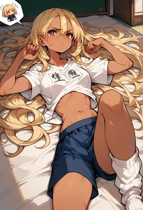 The girl who hid her chest and groin,safe for work,（  Blonde Long Hair ）,  white shirt ,Brown Skin, healthy body,Wall thickness,  plump,Japanese woman lying on her back with legs spread,  Japanese High School Girls , Japanese high school girl ,  loose sock...