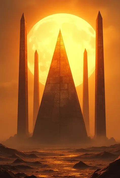 Metal pyramid next to metal hobelisks on a sun