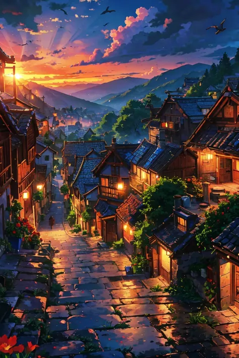  village in the mountains with gable roofs , Cobblestone street, at sunset,  a multitude of colorful houses , with balconies ,  a village church with a tower with a bell,  sky with clouds ,  birds in the distance flying through the sky ,  vegetation with r...