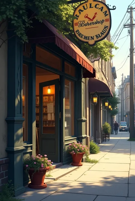  barbershop

Place : Outside the barbershop ,  with a sign that reads  "barbershop"  At the door .  The glass door opens slightly and there are some flower pots next to the door .

detail:  The streets around are a bit quiet ,  there may be some passing pe...