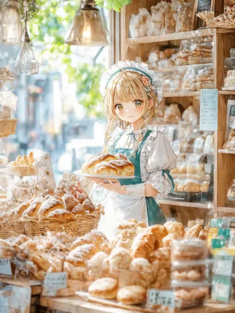 there is a woman that is standing in front of a counter with some bread, fresh bakeries in the background, fantasy bakery, cute ...