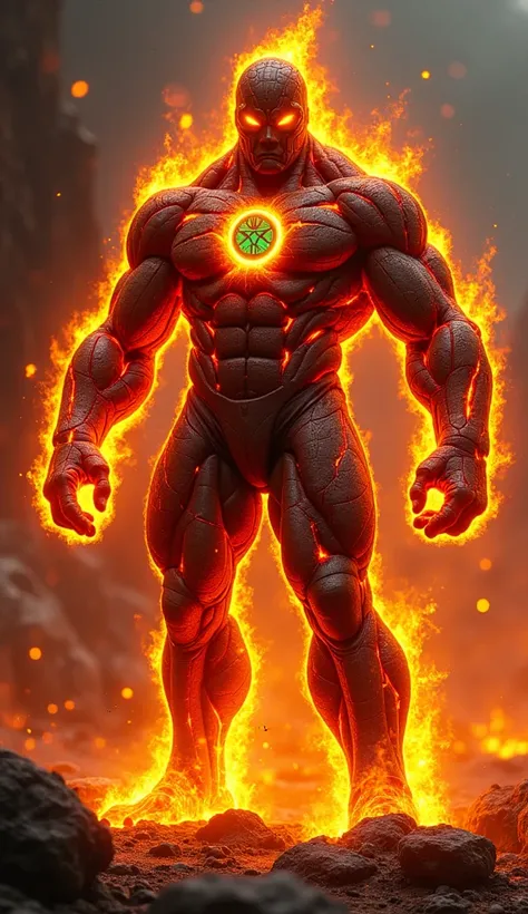 "Create an image of a powerful, humanoid figure with a body composed of molten lava and rocks, resembling a living, fiery creature. He has glowing, bright yellow eyes and flames emanating from his head, hands, and feet, giving the impression of intense hea...