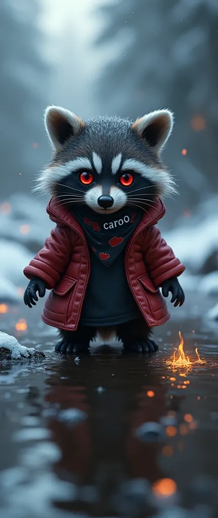 A photograph of a baby raccoon with extra fluffy fur, wearing an Akatsuki coat with red clouds and a Konoha bandana with the text "CAROO". The raccoon has red eyes with Sharingan. The background is a snowy environment. The scene takes place on a dark and r...