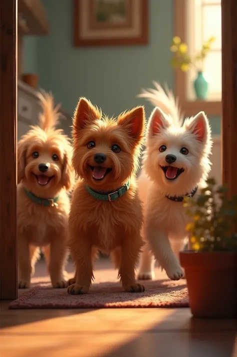 A smallar panel of a hairy dogs wagging their tails excited to see a owner of the house scene must be in up movie texture 