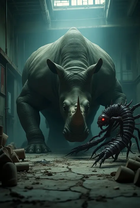 "A colossal rhino and a terrifying centipede face each other in the middle of a dark, abandoned laboratory. The rhino’s muscular body and thick, armored skin are poised in an aggressive stance, its horn gleaming with menace. The centipede, with its hundred...