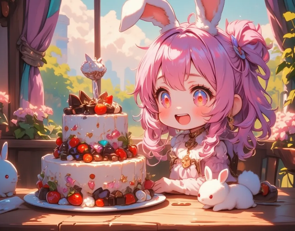  1 girl\(Chibi,cute,cute,   smaller ,  Pink Hair,   very long hair   ,bangs,\(Fluffy white rabbit \), bunny tail, red eyes,  Big Eye,    Beautiful Sparkling Eyes , big star-shaped pupils:1.2,  open your mouth wide:1.2, Round Mouth, Surprise, Upper teeth visible,  white skin,Big hair ribbon,   Pink Ruffle Dress, Chest, full body\), Big cake, Looks delicious, Pretty Face on Cake ,  Painted with Chocolates , A lot of strawberries were on it:1.1, On a plate, Wooden table, cute家, とってもcute家, colorful, Warm colors, Friendly atmosphere,  Fluffy Curtains , 窓 BREAK UHD, high details, best quality